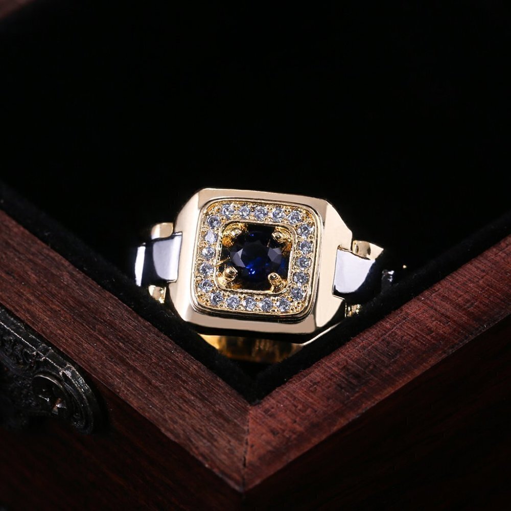 💍 Royal Blue Zircon Stone Luxury Gold Ring for Man, INDN8192 - Picture 2 of 8